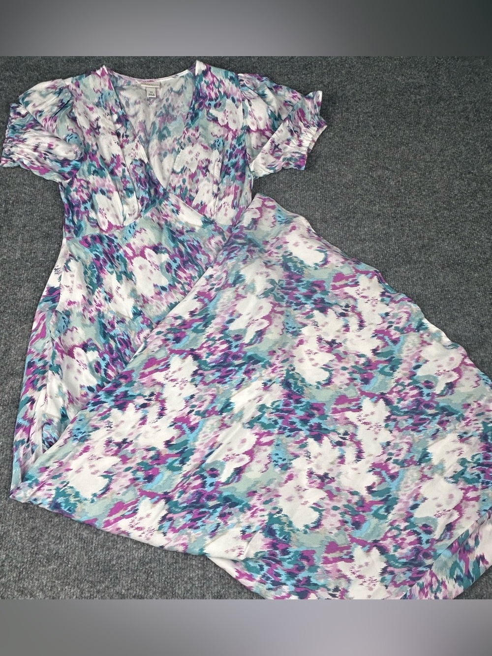 A New Day Abstract Floral Deep V Puff Sleeve Long Maxi Dress XS Brunch Shower